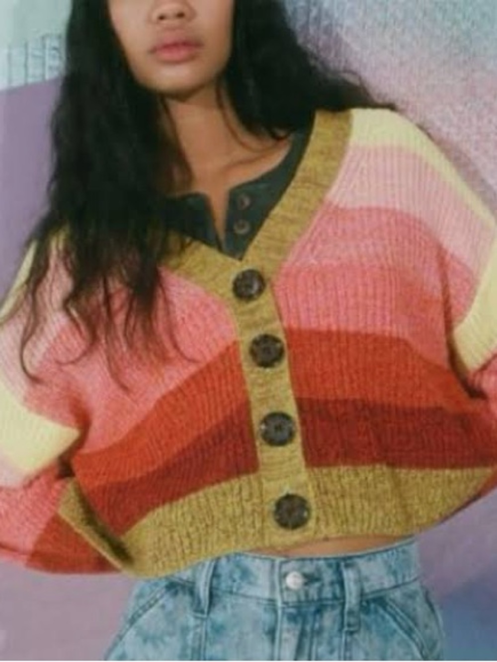 Urban Outfitters Striped Cropped Cardigan in Pink, Red, Yellow & Olive